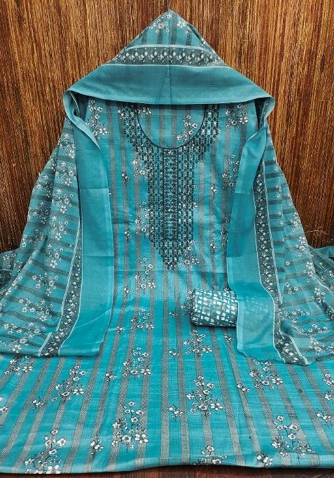 Sea Green Striped Cotton Straight Kurta Set