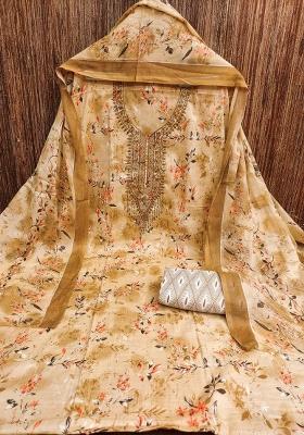 Beige Embroidered Cotton Blend Dress Material