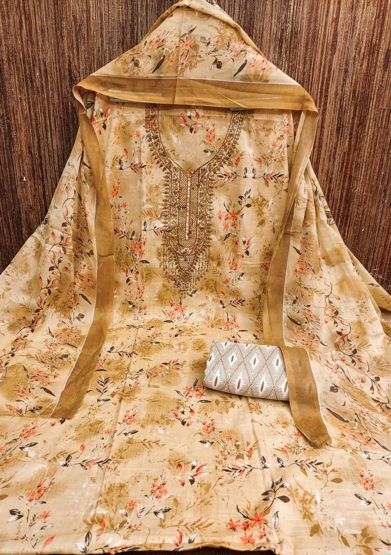 Beige Embroidered Cotton Pakistani Suit Set - Indya