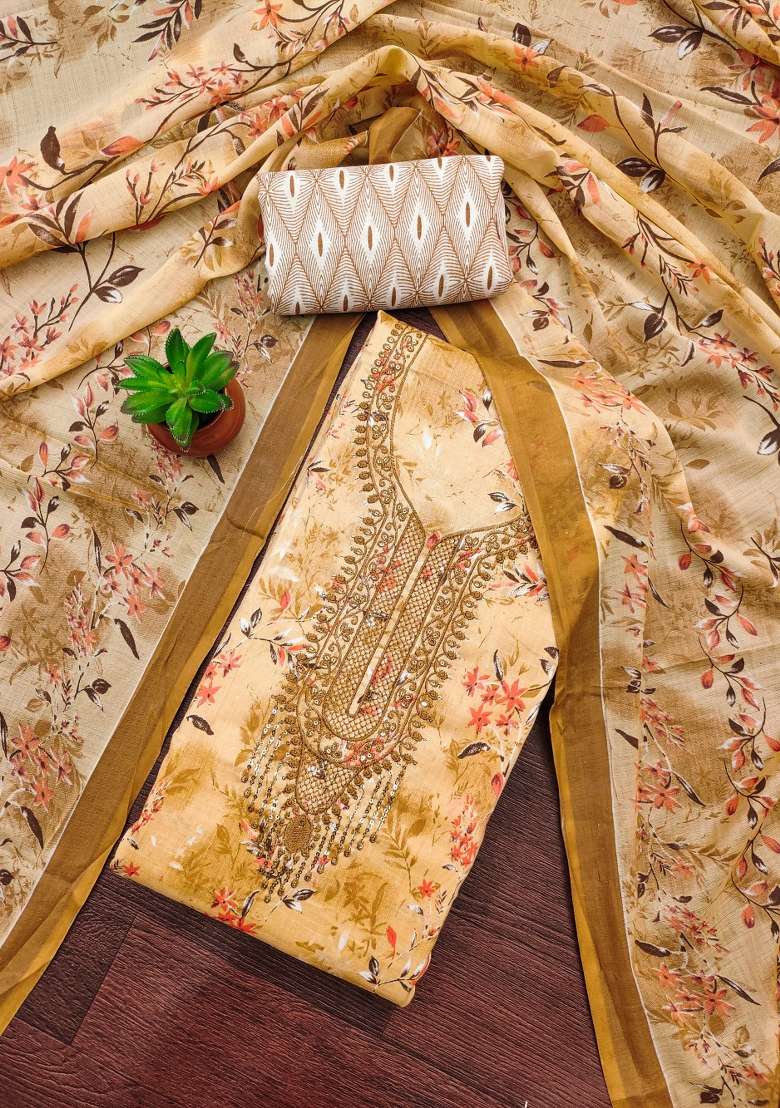Beige Embroidered Cotton Pakistani Suit Set - Indya
