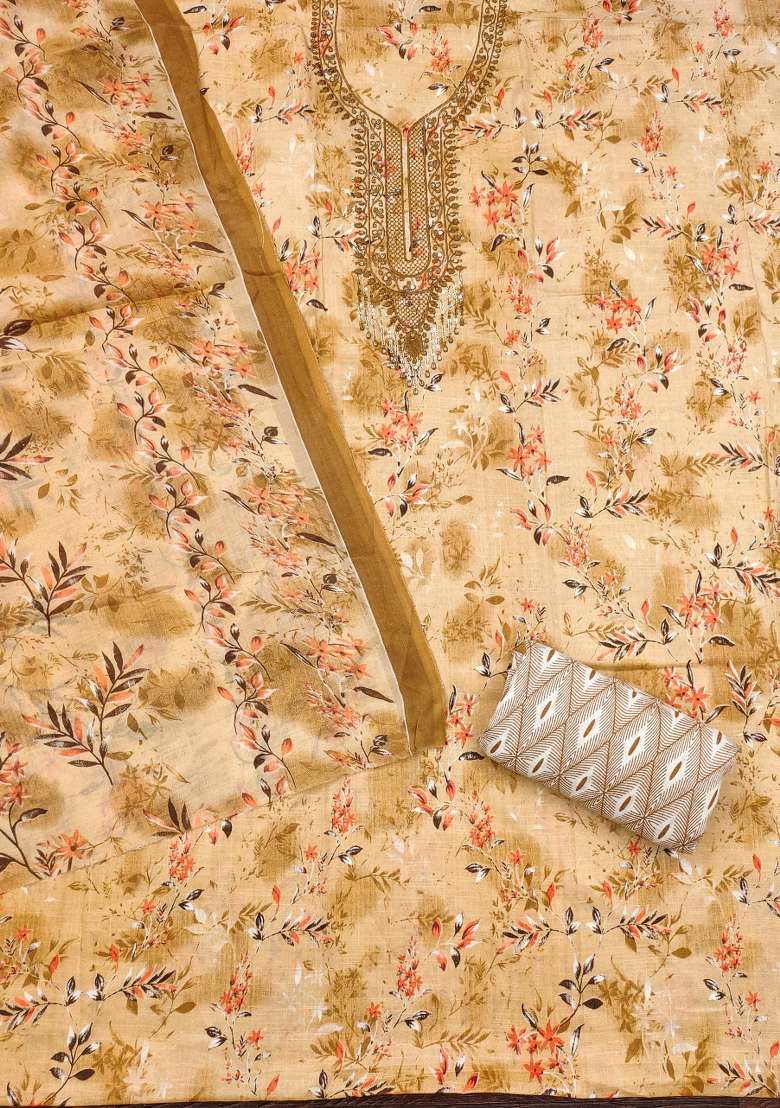 Beige Embroidered Cotton Pakistani Suit Set - Indya