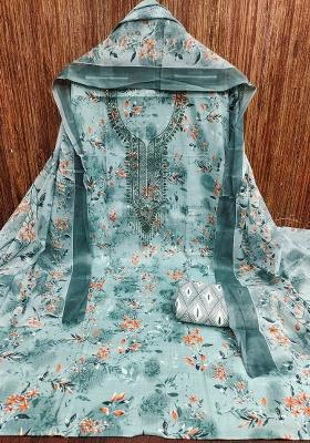 Light Green Embroidered Cotton Blend Dress Material