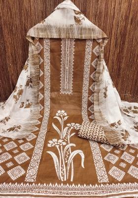 Beige Embroidered Cotton Blend Dress Material
