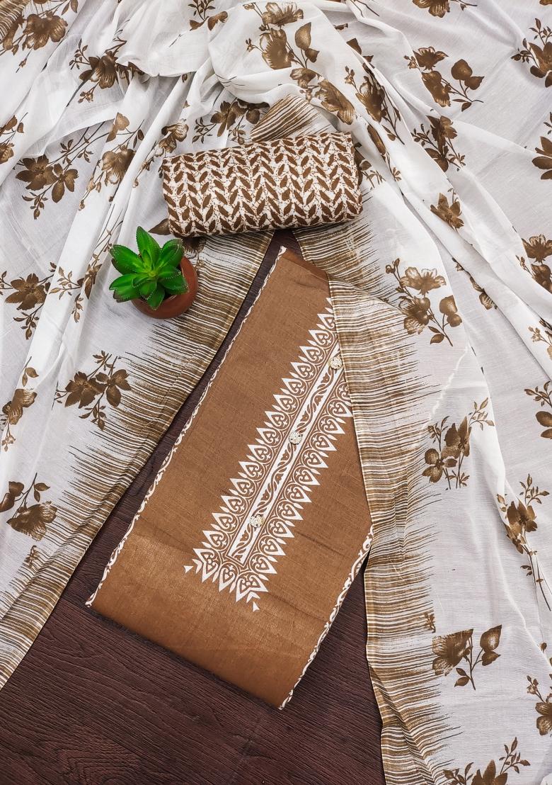 Beige Embroidered Cotton Blend Dress Material - Indya