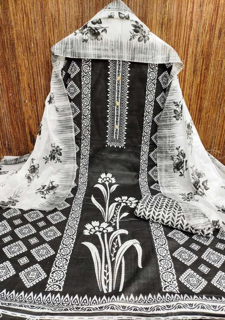 Black Embroidered Cotton Blend Dress Material - Indya