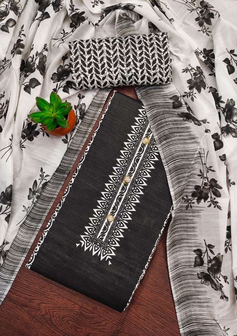 Black Embroidered Cotton Blend Dress Material - Indya