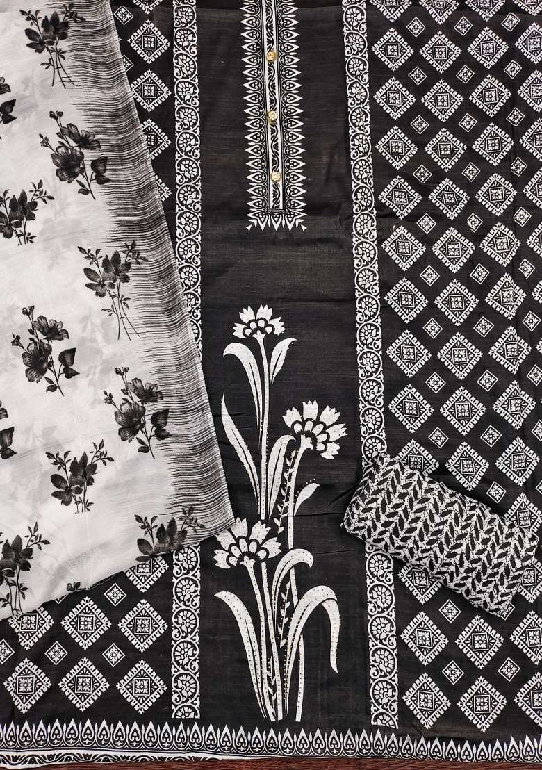Black Embroidered Cotton Blend Dress Material - Indya