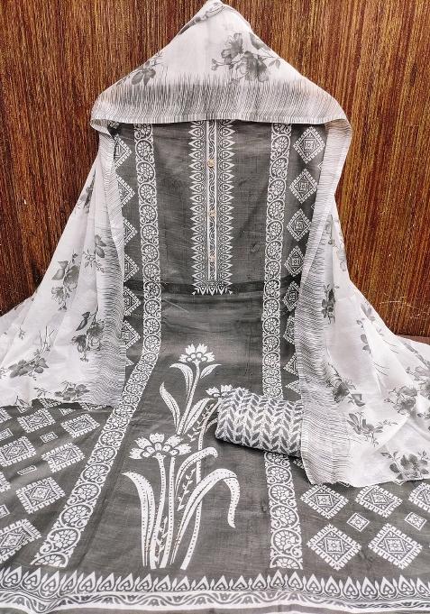 Grey Embroidered Cotton Blend Dress Material