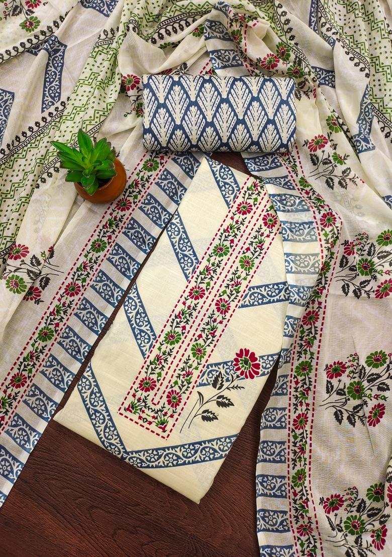 Multicolor Embroidered Cotton Blend Dress Material