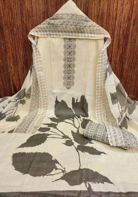 White Embroidered Cotton Blend Dress Material