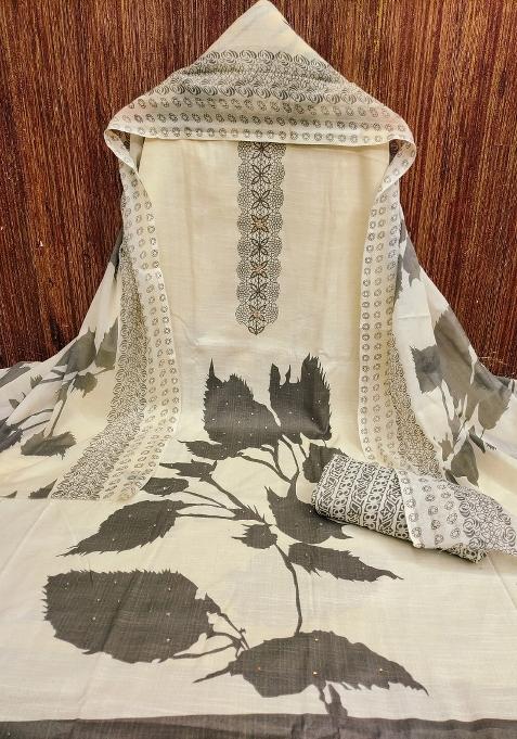 White Embroidered Cotton Blend Dress Material