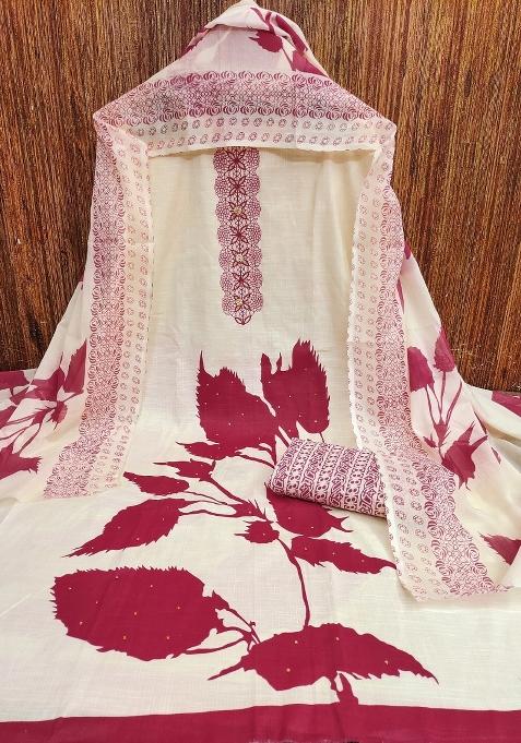 White Embroidered Cotton Blend Dress Material