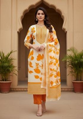 White Embroidered Cotton Blend Dress Material