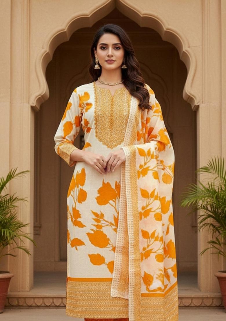 White Embroidered Cotton Blend Dress Material - Indya