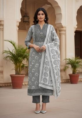 Grey Embroidered Cotton Blend Dress Material