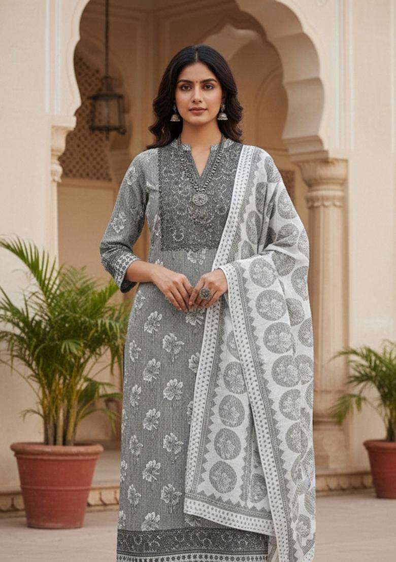 Grey Embroidered Cotton Blend Dress Material - Indya