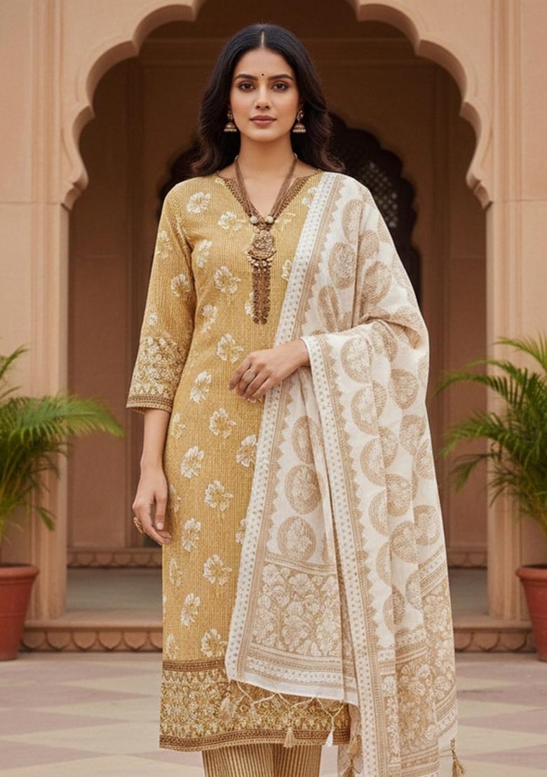Mustard Embroidered Cotton Blend Dress Material - Indya