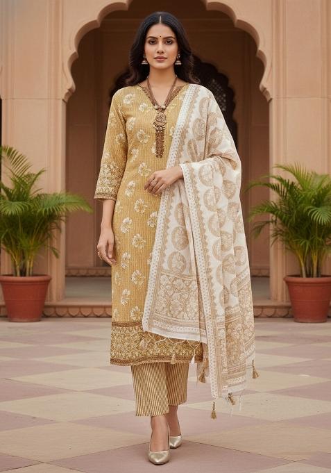 Mustard Embroidered Cotton Blend Dress Material