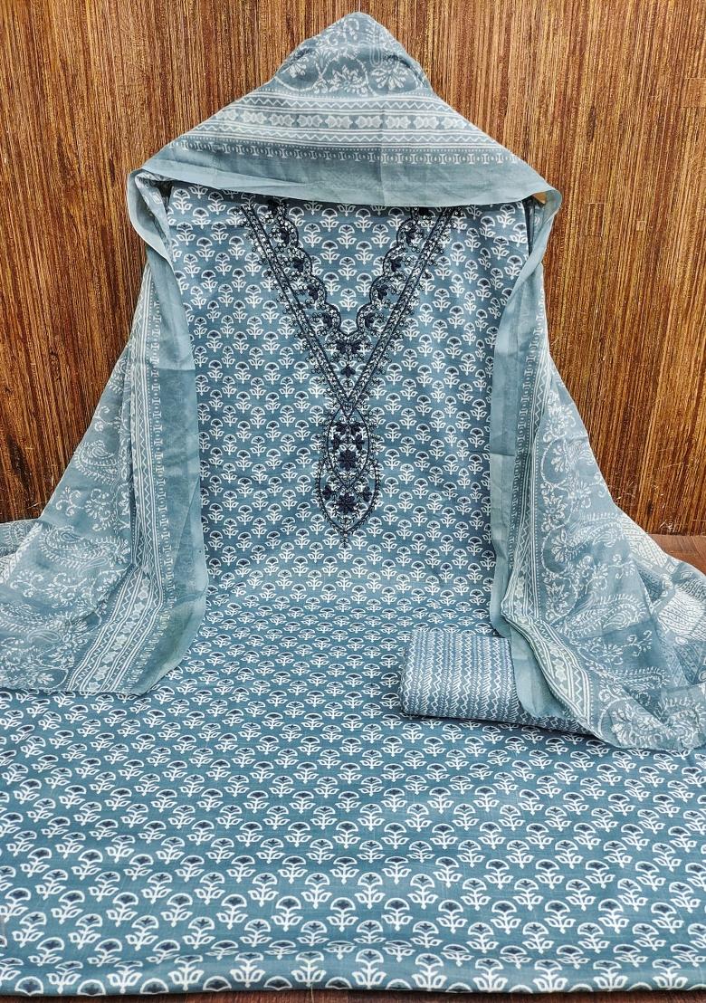 Sea Green Embroidered Cotton Blend Dress Material