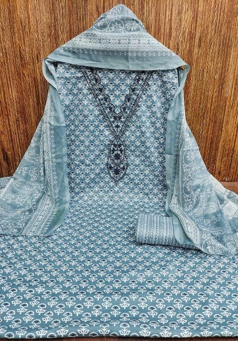 Sea Green Embroidered Cotton Blend Dress Material