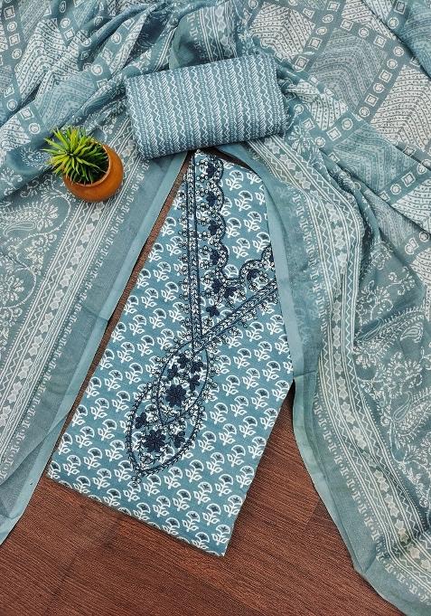 Sea Green Embroidered Cotton Blend Dress Material