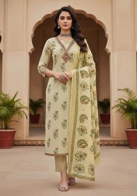 Beige Embroidered Cotton Blend Dress Material