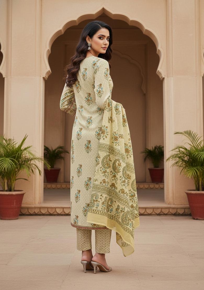 Beige Embroidered Cotton Blend Dress Material - Indya