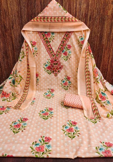 Peach Embroidered Cotton Blend Dress Material