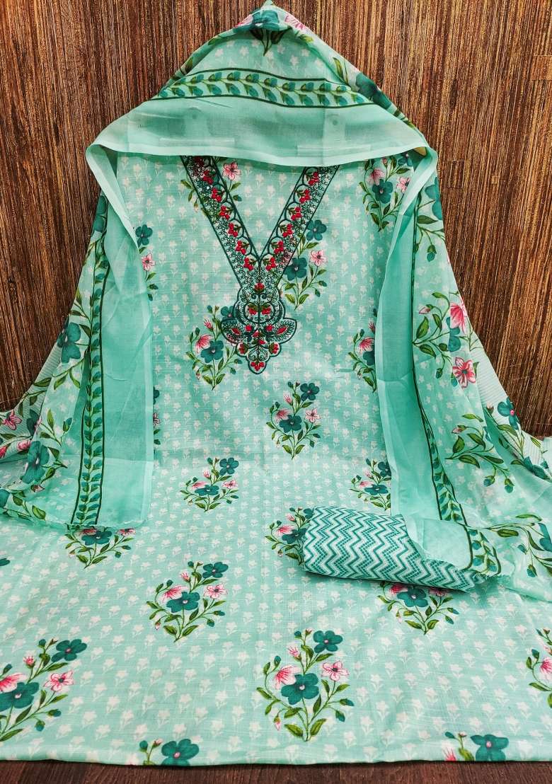Sea Green Embroidered Cotton Straight Kurta Set - Indya