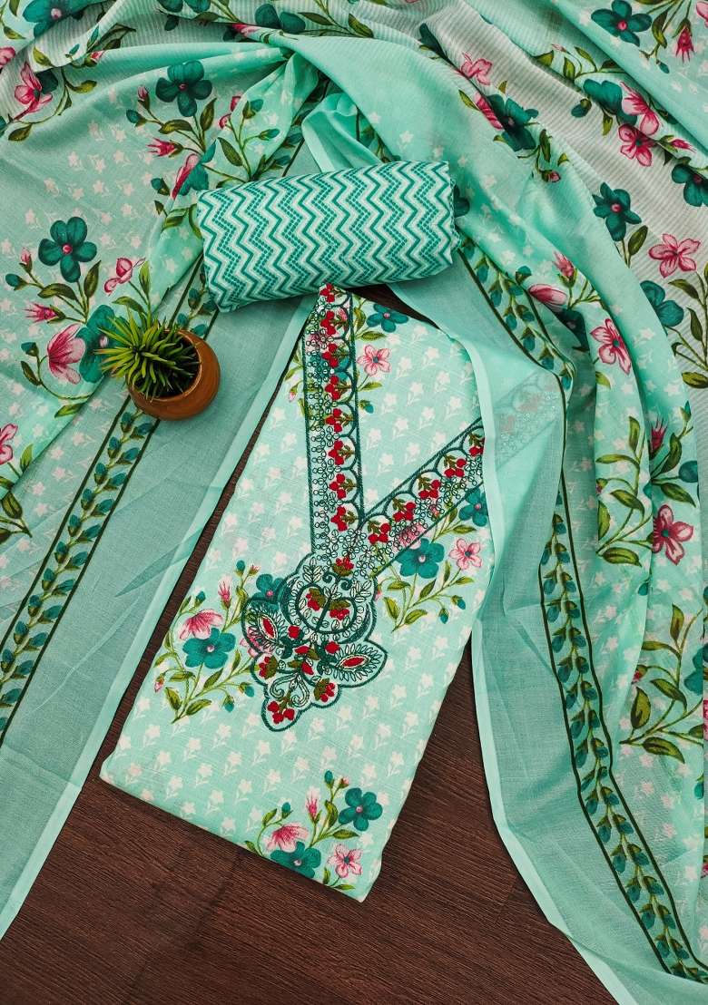 Sea Green Embroidered Cotton Straight Kurta Set - Indya