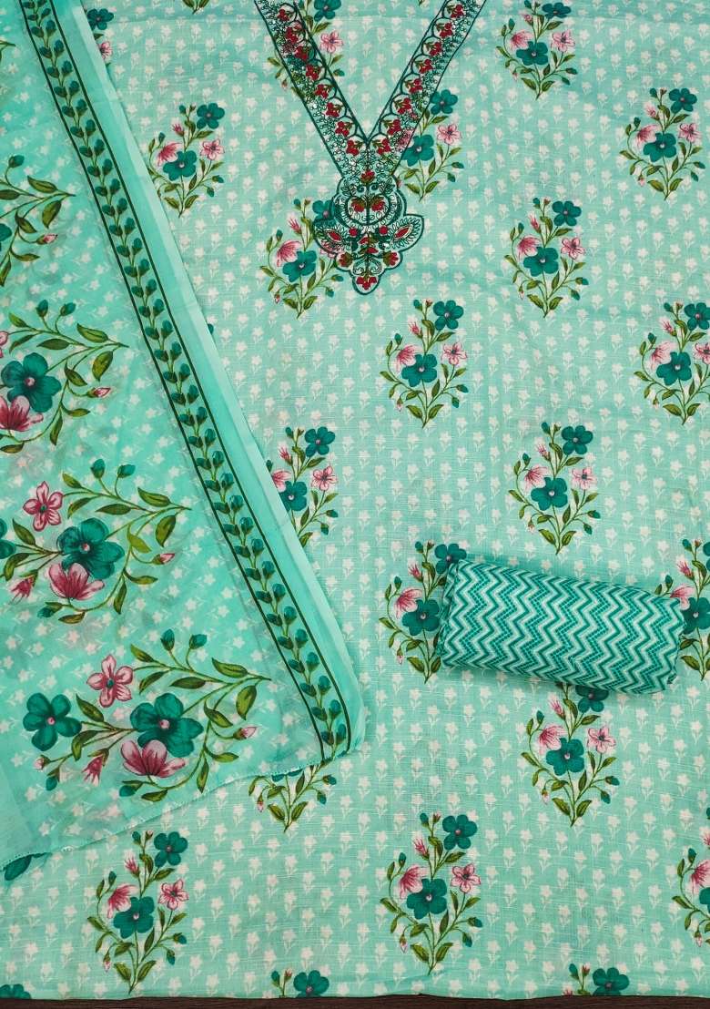Sea Green Embroidered Cotton Straight Kurta Set - Indya