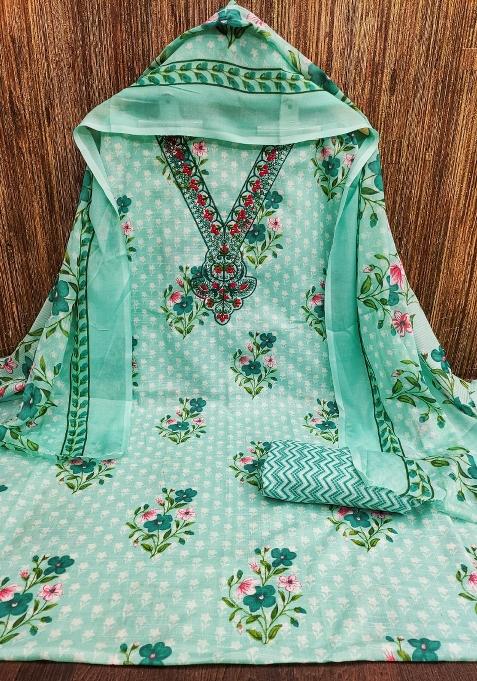 Sea Green Embroidered Cotton Straight Kurta Set