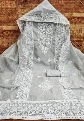 Grey Embroidered Cotton Blend Dress Material