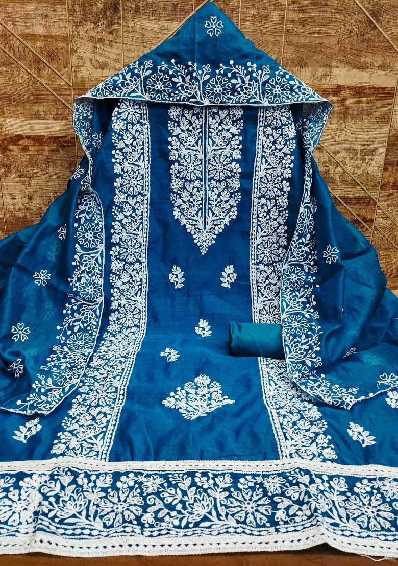 Teal Blue Chikankari Cotton Straight Kurta Set - Indya