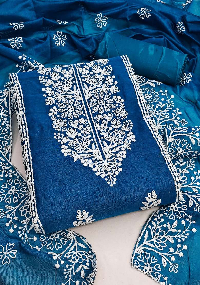 Teal Blue Chikankari Cotton Straight Kurta Set - Indya