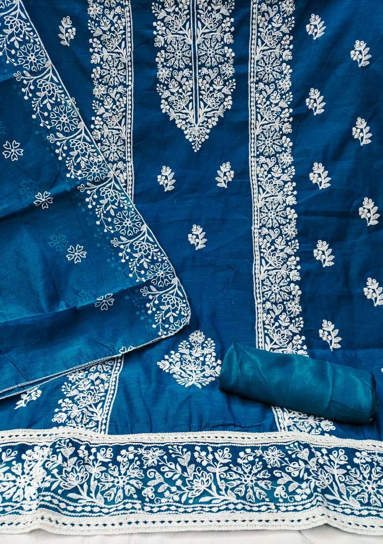 Teal Blue Chikankari Cotton Straight Kurta Set - Indya