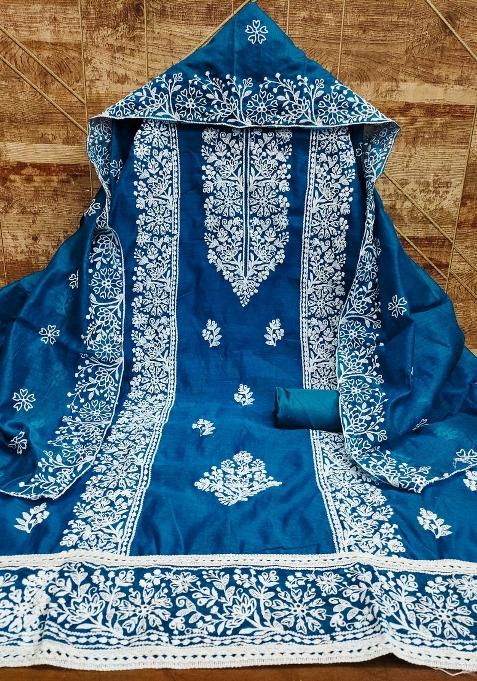 Teal Blue Embroidered Cotton Blend Dress Material