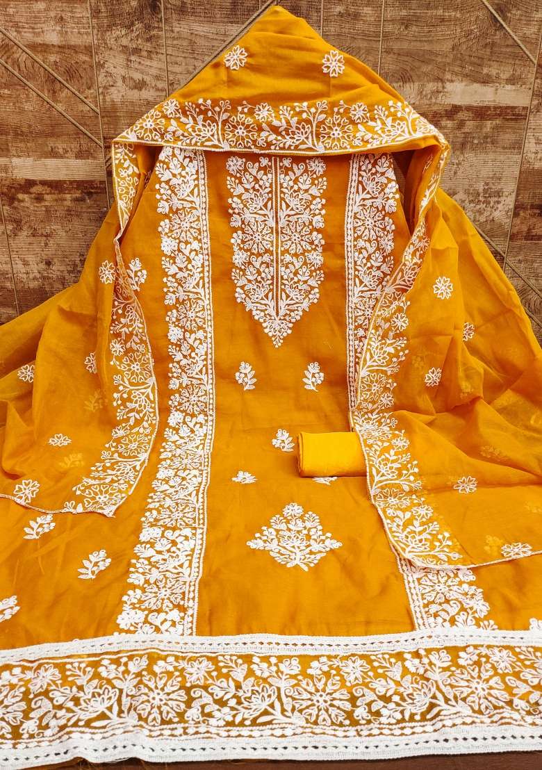 Yellow Chikankari Blended Straight Kurta Set - Indya