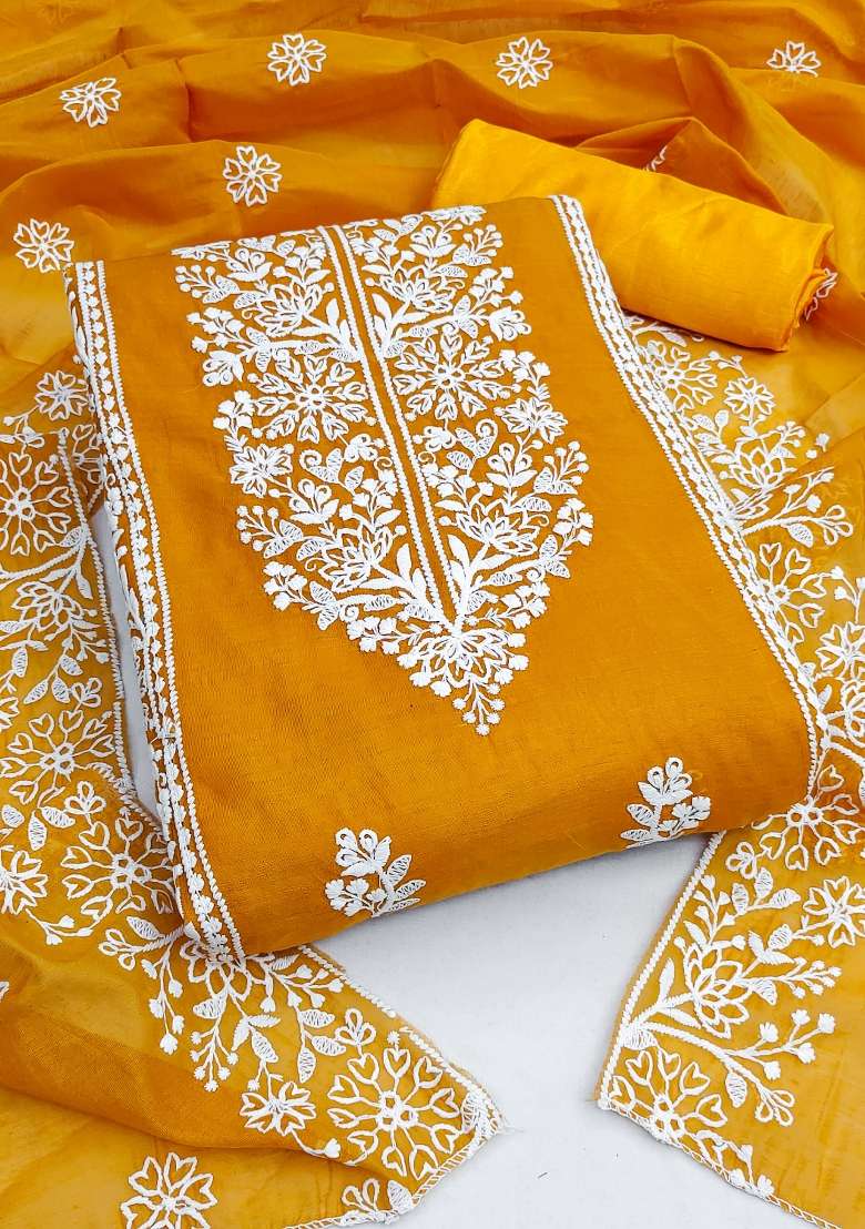Yellow Chikankari Blended Straight Kurta Set - Indya
