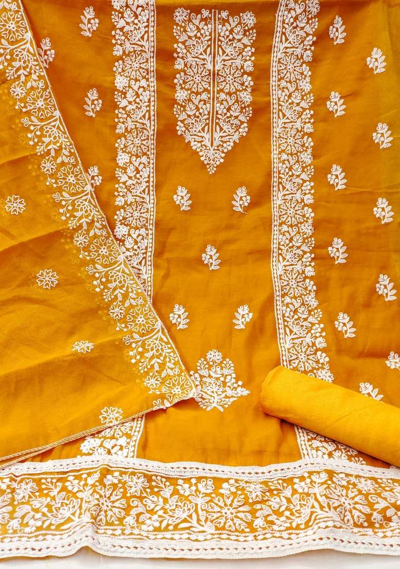 Yellow Chikankari Blended Straight Kurta Set - Indya