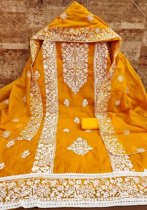 Yellow Embroidered Cotton Blend Dress Material