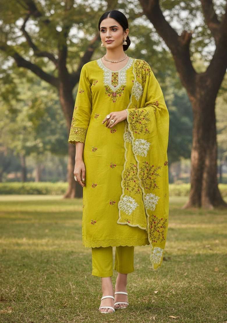 Mehandi Embroidered Cotton Blend Dress Material - Indya