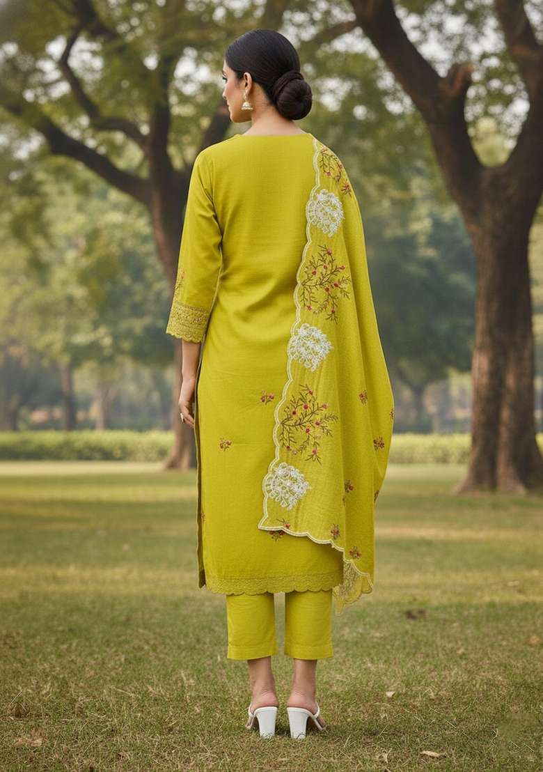 Mehandi Embroidered Cotton Blend Dress Material - Indya