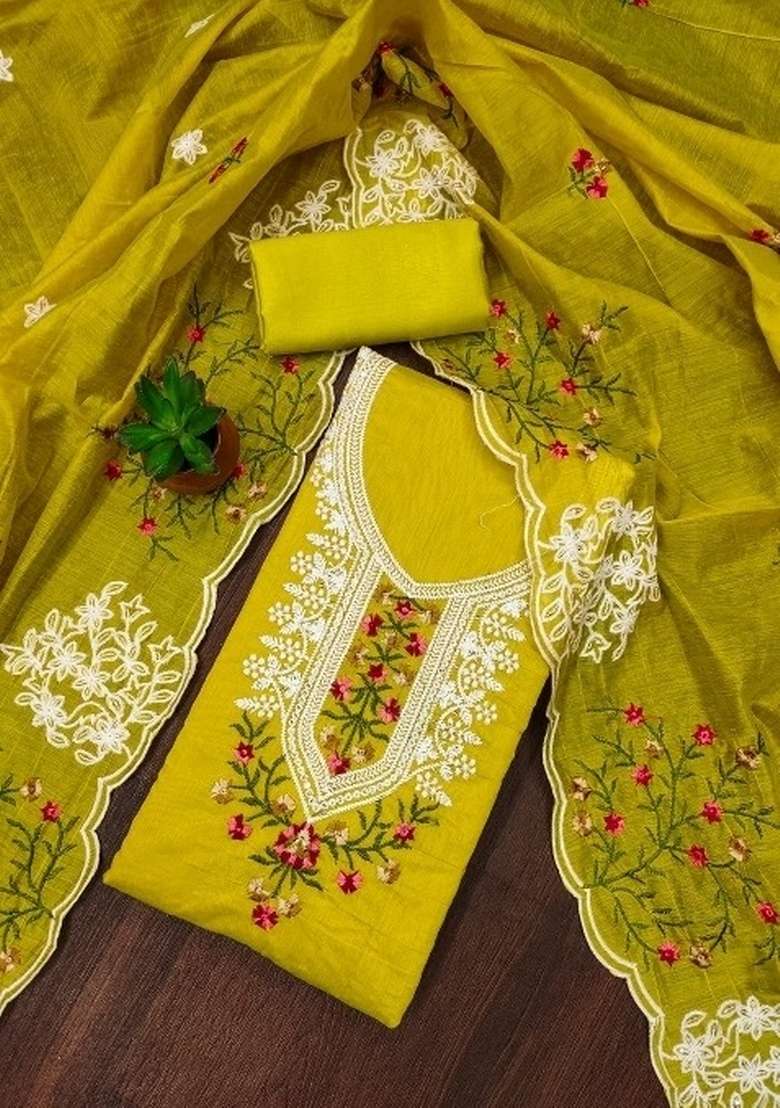 Mehandi Embroidered Cotton Blend Dress Material - Indya