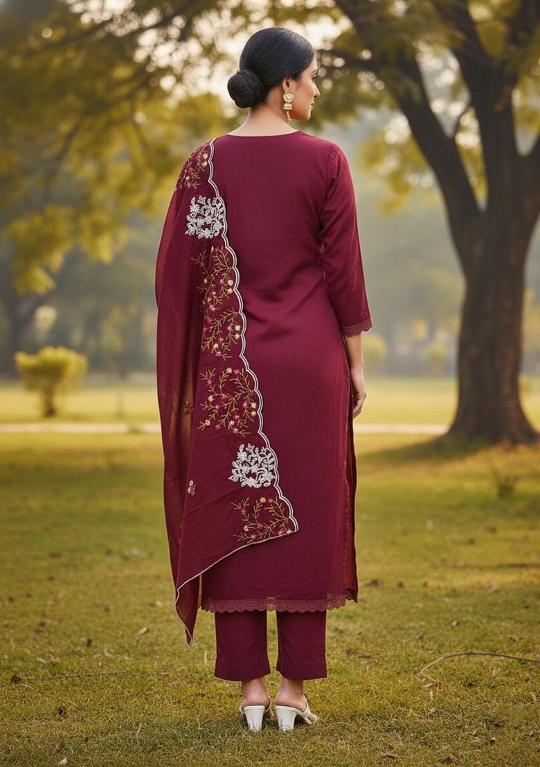 Maroon Embroidered Cotton Blend Dress Material - Indya