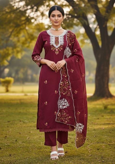 Maroon Embroidered Cotton Blend Dress Material