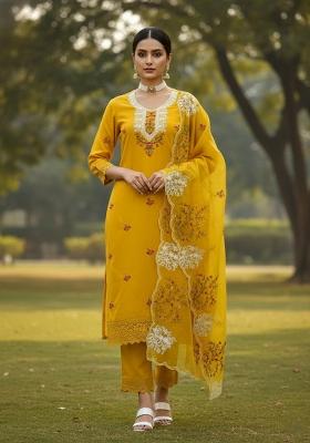 Mustard Embroidered Cotton Blend Dress Material