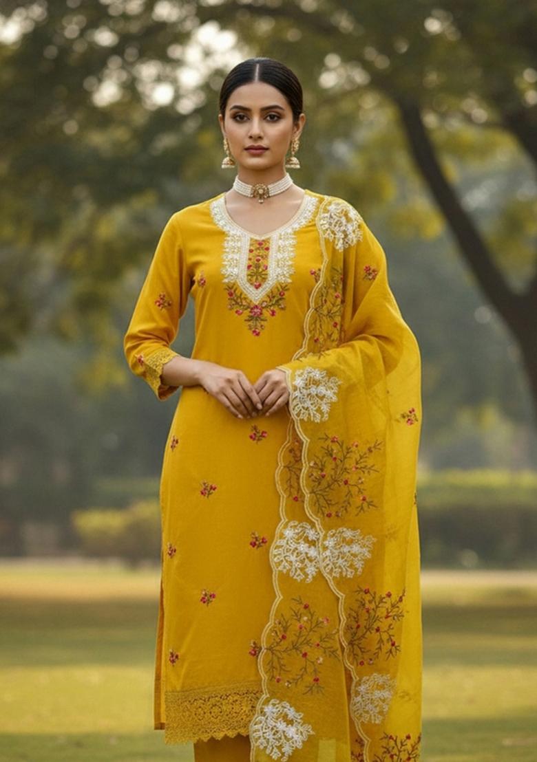 Mustard Embroidered Cotton Blend Dress Material - Indya