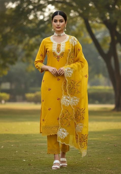 Mustard Embroidered Cotton Blend Dress Material