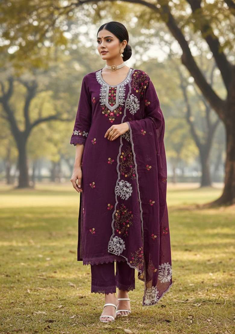 Voilet Embroidered Cotton Blend Dress Material - Indya